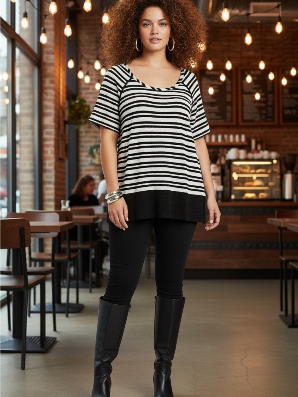 NWT Tart 4X black/white stripe faux leather trim layered look hi-low sweater top